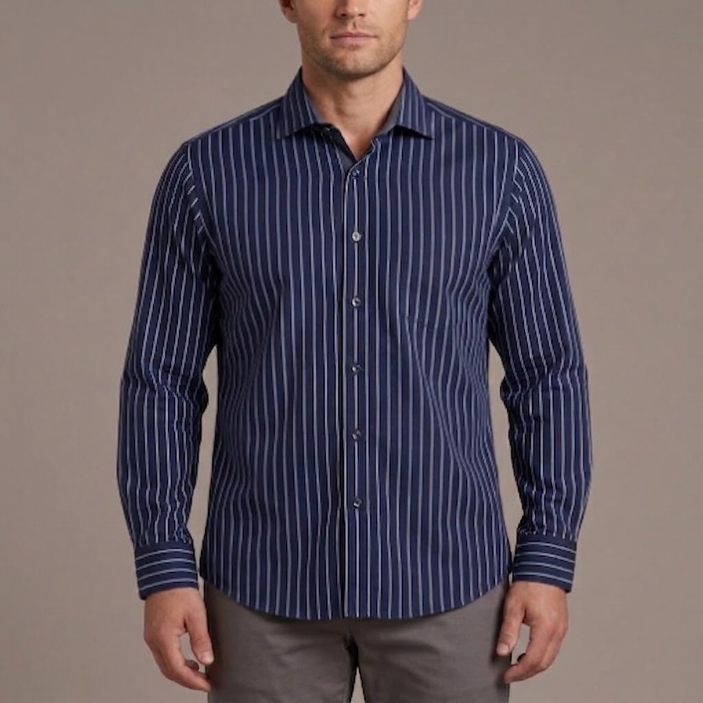 Bugatchi Uomo Mens Large Navy‎ Blue Pinstripe Long Sleeve Shirt Classic Fit EUC